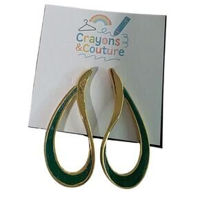 Vintage Avon Teardrop Earrings Gold Green Enamel Bold Statement Retro 80s